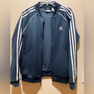 Adidas Blue and White Varsity Bomber Jacket with Iconic Stripes